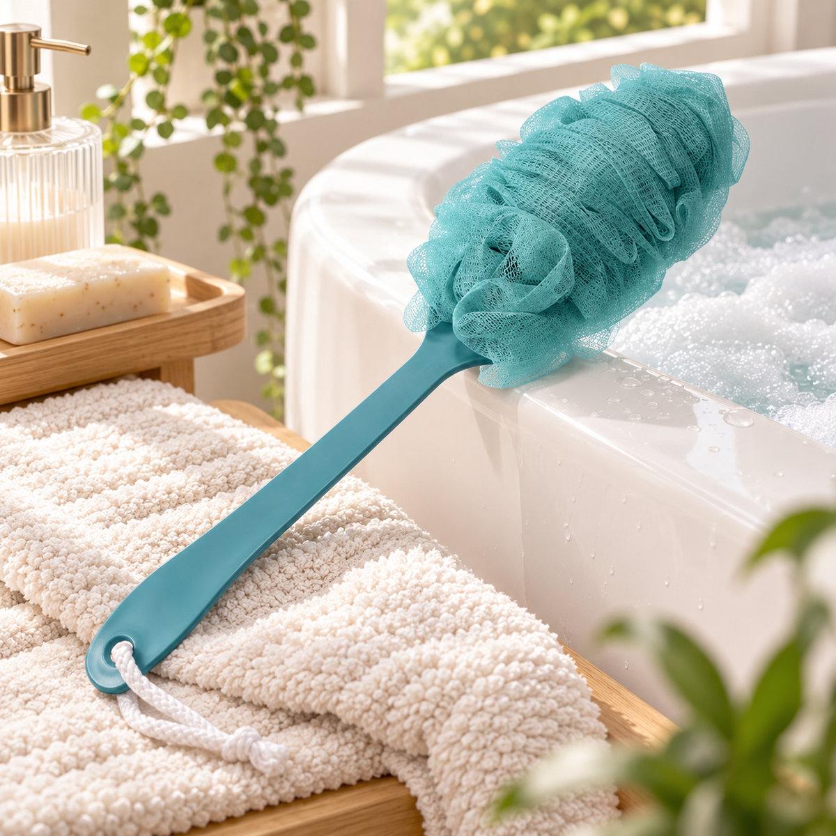 Unique Bargains 2 Pc Body Bath Brush Scrubber Loofah Shower with Long Handle PP Mesh Blue
