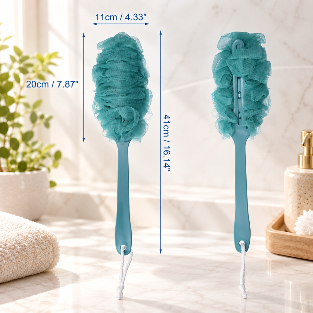 Unique Bargains 2 Pc Body Bath Brush Scrubber Loofah Shower with Long Handle PP Mesh Blue