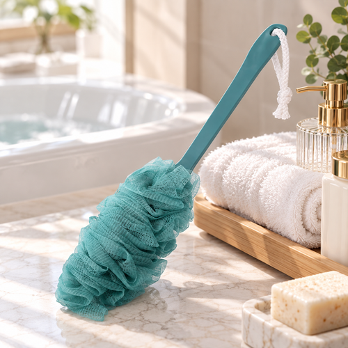 Unique Bargains 2 Pc Body Bath Brush Scrubber Loofah Shower with Long Handle PP Mesh Blue