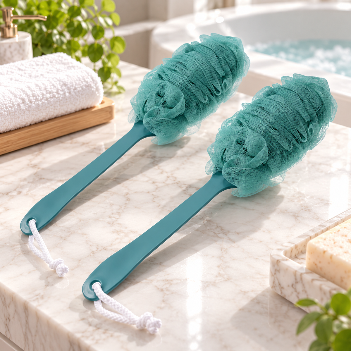 Unique Bargains 2 Pc Body Bath Brush Scrubber Loofah Shower with Long Handle PP Mesh Blue