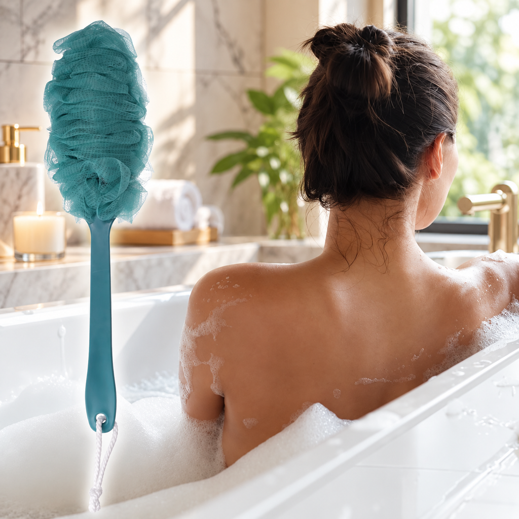 Unique Bargains 2 Pc Body Bath Brush Scrubber Loofah Shower with Long Handle PP Mesh Blue