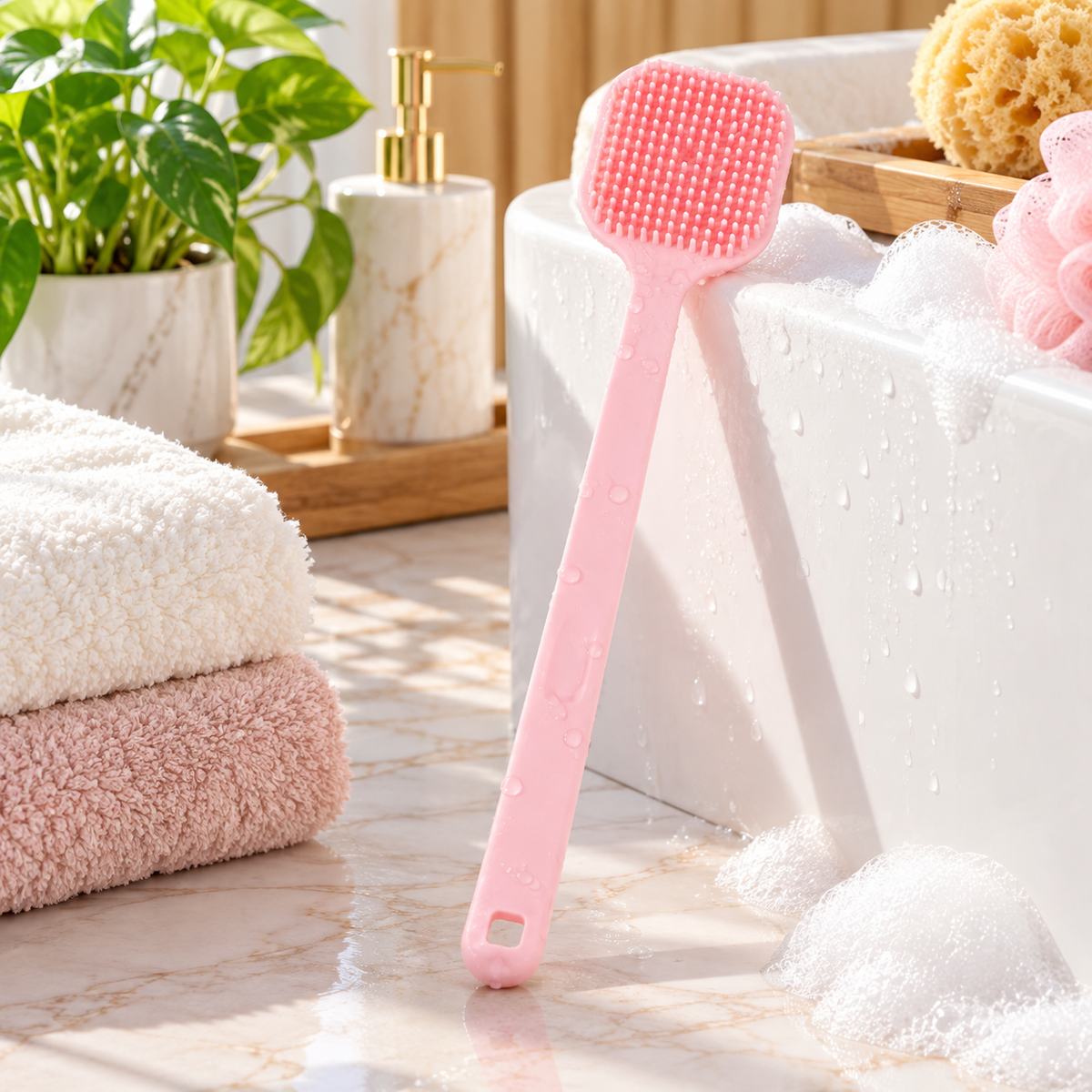 Unique Bargains Soft Silicone Bath Brush Back Scrubber Shower Handle Pink