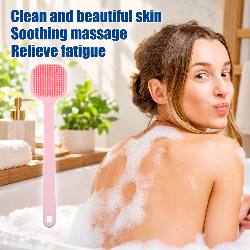 Unique Bargains Soft Silicone Bath Brush Back Scrubber Shower Handle Pink