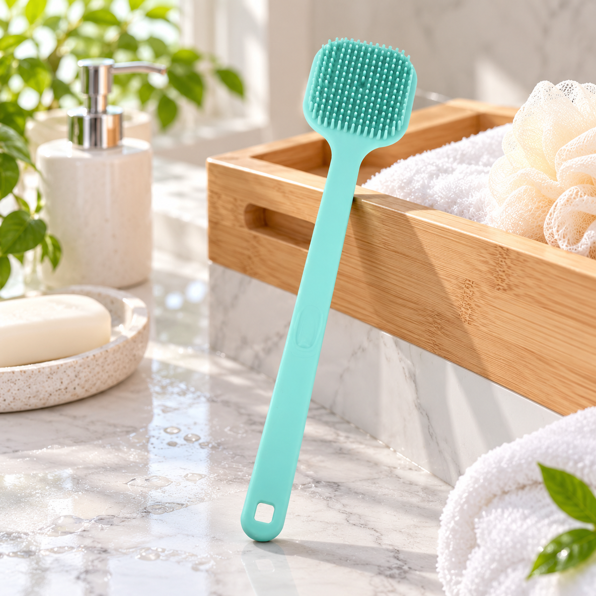 Unique Bargains Soft Silicone Bath Brush Back Scrubber Shower Handle Pink