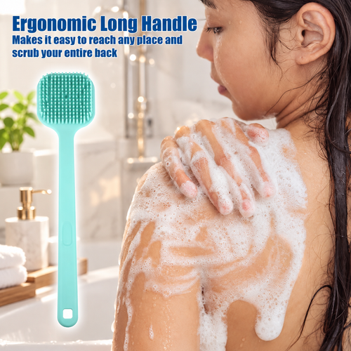 Unique Bargains Soft Silicone Bath Brush Back Scrubber Shower Handle Pink