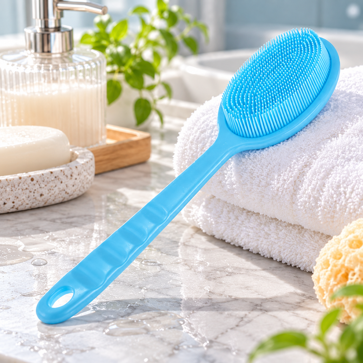 Unique Bargains 1pc Long Handle Bath Brush for Shower 13.39" Length Pink