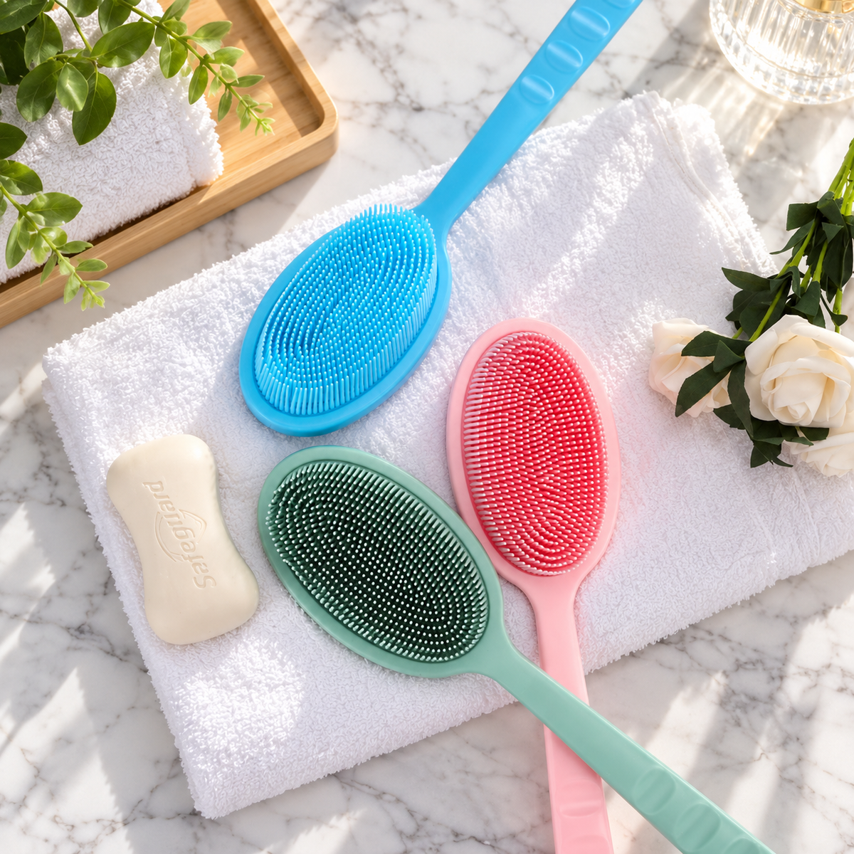 Unique Bargains 1pc Long Handle Bath Brush for Shower 13.39" Length Pink
