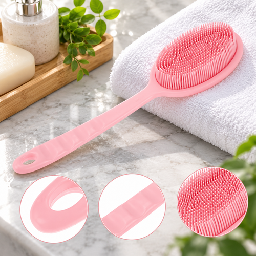 Unique Bargains 1pc Long Handle Bath Brush for Shower 13.39" Length Pink